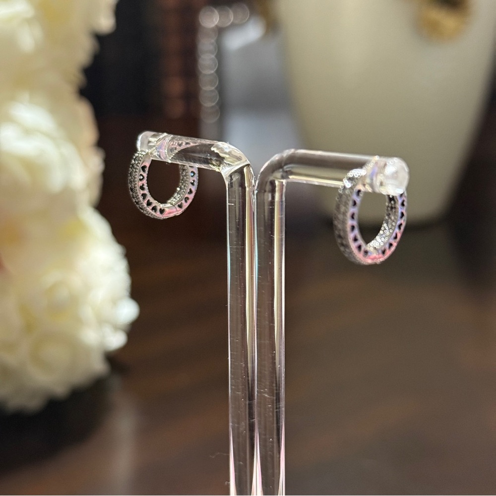 Authentic Pandora Pave Heart Hoop Earrings.